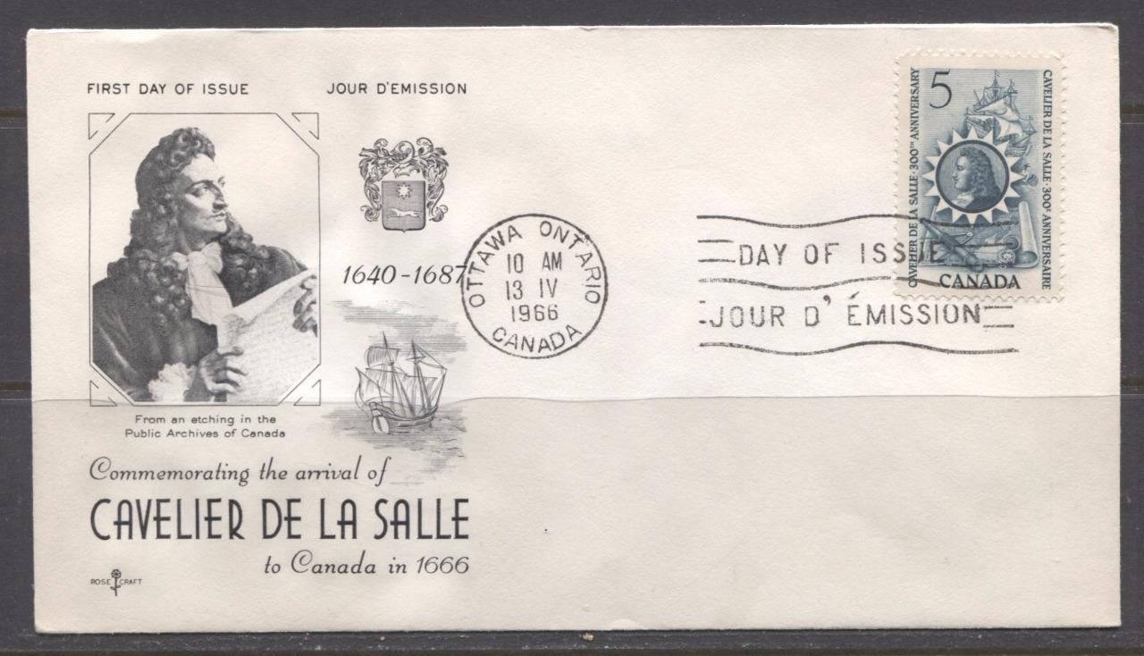 Canada #446 (SG#571) 1966 Cavalier De La Salle Issue Rose Craft First Day Cover XF-86 Brixton Chrome 