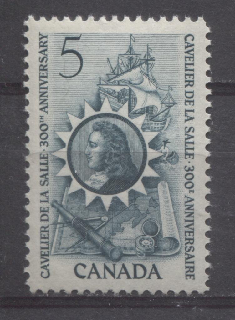 Canada #446 (SG#571) 5c Blue Green 1966 Cavalier De La Salle Issue NF/DF-fl, LF, S Paper VF 84 NH Brixton Chrome 
