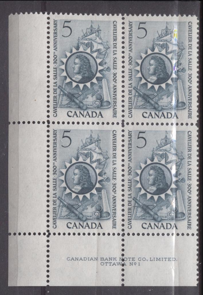 Canada #446 (SG#571) 5c Blue Green 1966 Cavalier De La Salle Issue Plate 1 LL On DF/DF-fl, MF, S Paper VF 75/80 NH Brixton Chrome 