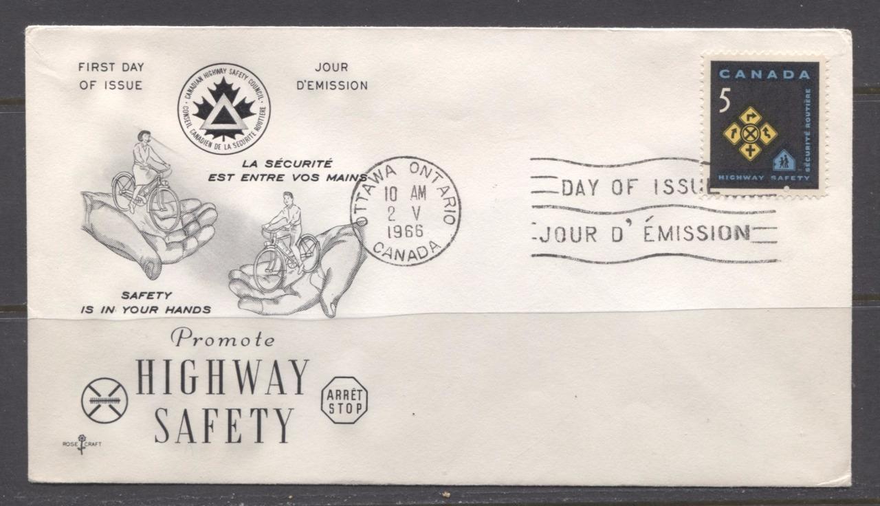 Canada #447 (SG#572) 1966 Highway Safety Issue Rose Craft First Day Cover XF-86 Brixton Chrome 