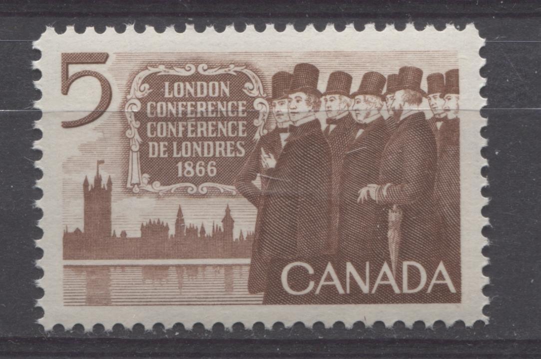 Canada #448 (SG#573) 5c Brown 1966 London Conference Issue DF/DF-fl, LF, S Paper VF 75/80 NH Brixton Chrome 