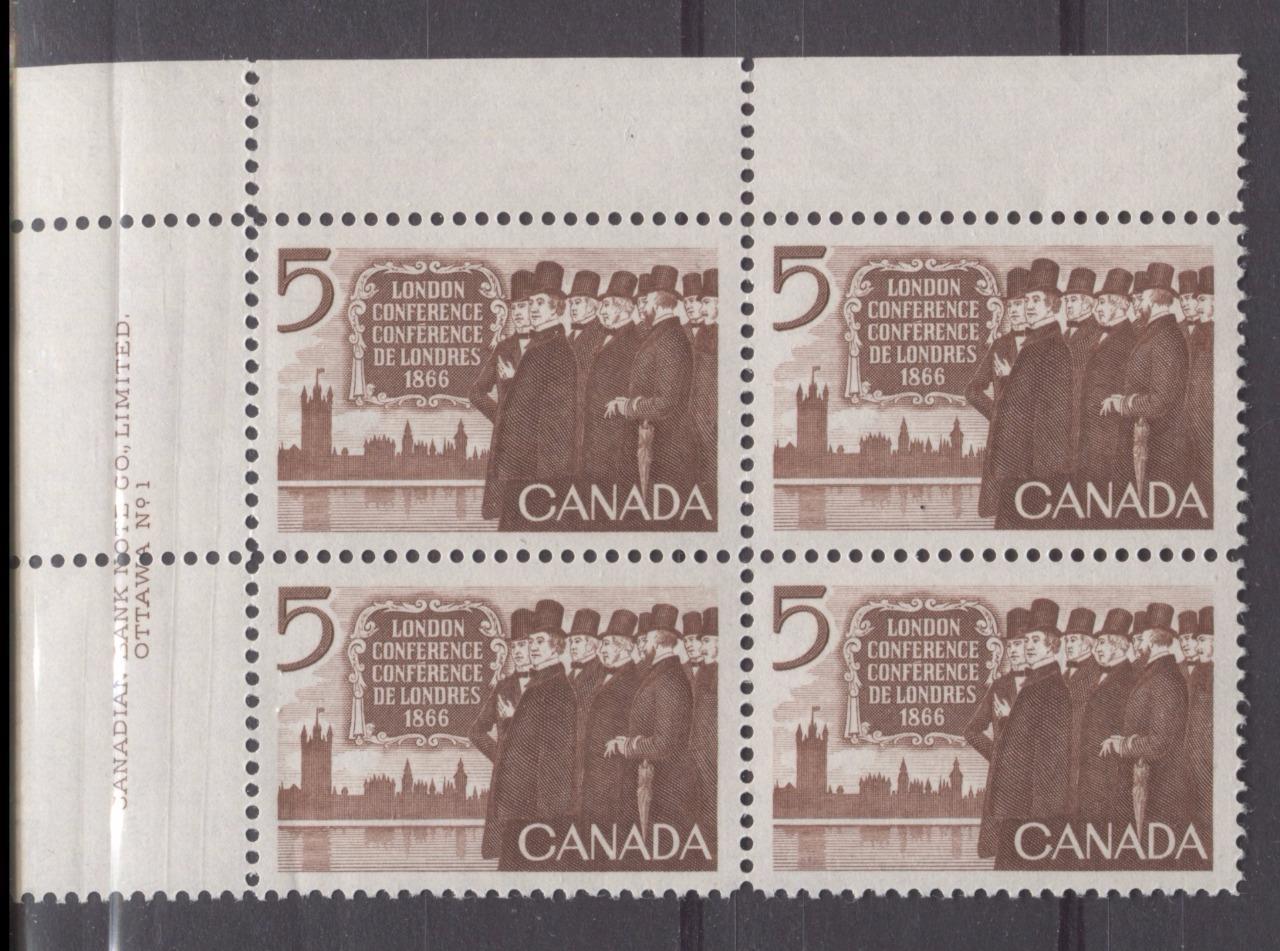 Canada #448 (SG#573) 5c Brown 1966 London Conference Issue Plate 1 UL on DF/DF-fl, LF, S Paper VF 75/80 NH Brixton Chrome 