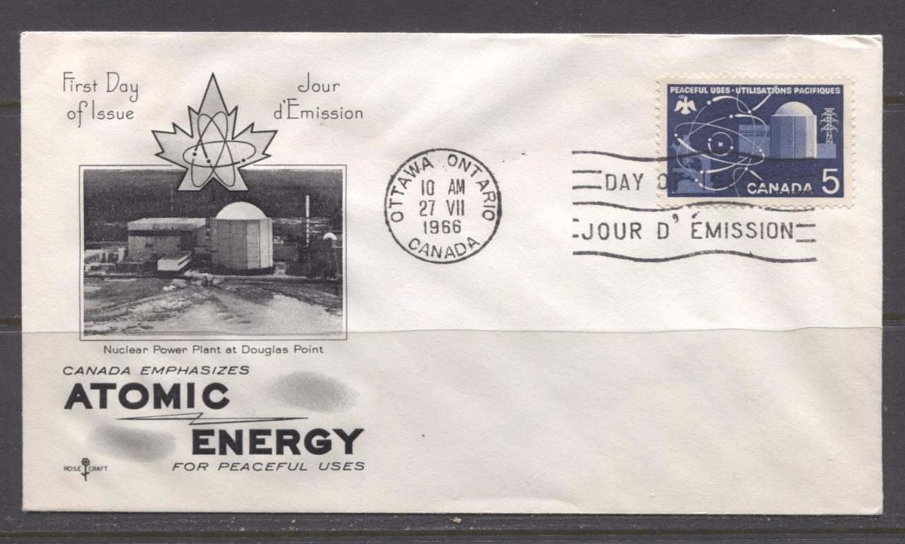 Canada #449 (SG#574) 1966 Atomic Research Issue Rose Craft First Day Cover XF-86 Brixton Chrome 