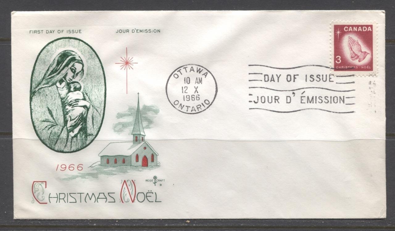 Canada #451 (SG#576) 3c Carmine 1966 Christmas Issue Rose Craft First Day Cover XF-86 Brixton Chrome 