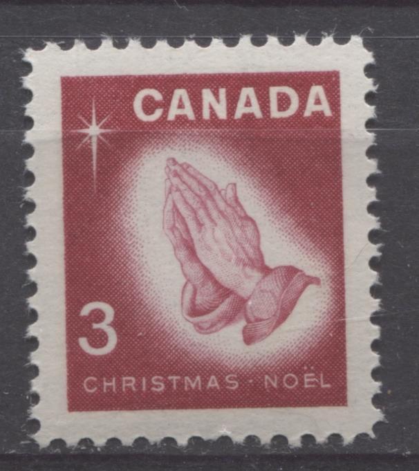 Canada #451 (SG#576) 3c Carmine Rose Praying Hands 1966 Chrstmas Issue DF/DF-fl, LF, S Paper VF 75/80 NH Brixton Chrome 