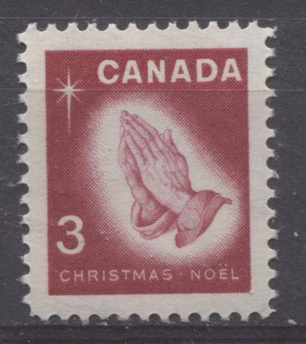 Canada #451 (SG#576) 3c Carmine Rose Praying Hands 1966 Chrstmas Issue DF/DF-fl, LF, S Paper VF 84 NH Brixton Chrome 