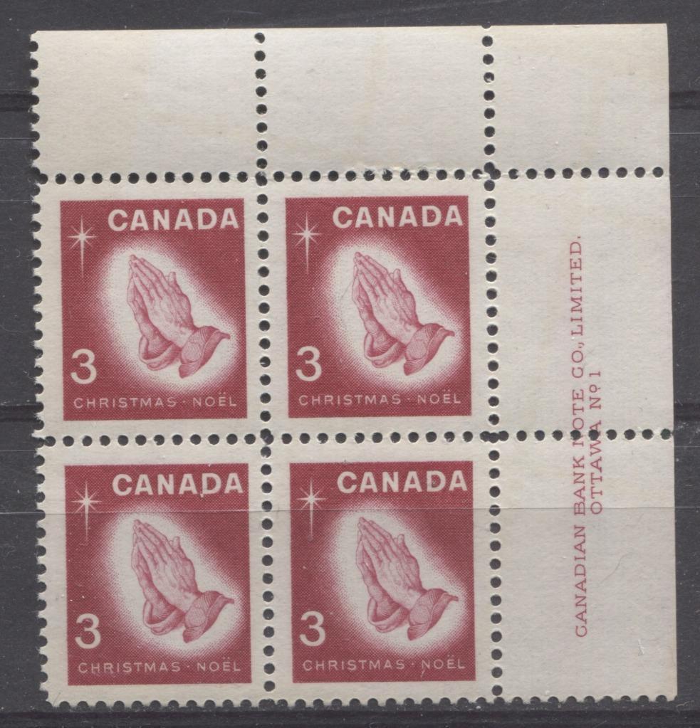 Canada #451 (SG#576) 3c Carmine Rose Praying Hands 1966 Chrstmas Issue Plate 1 UR On DF/DF-fl, LF, S VF 75/80 NH Brixton Chrome 