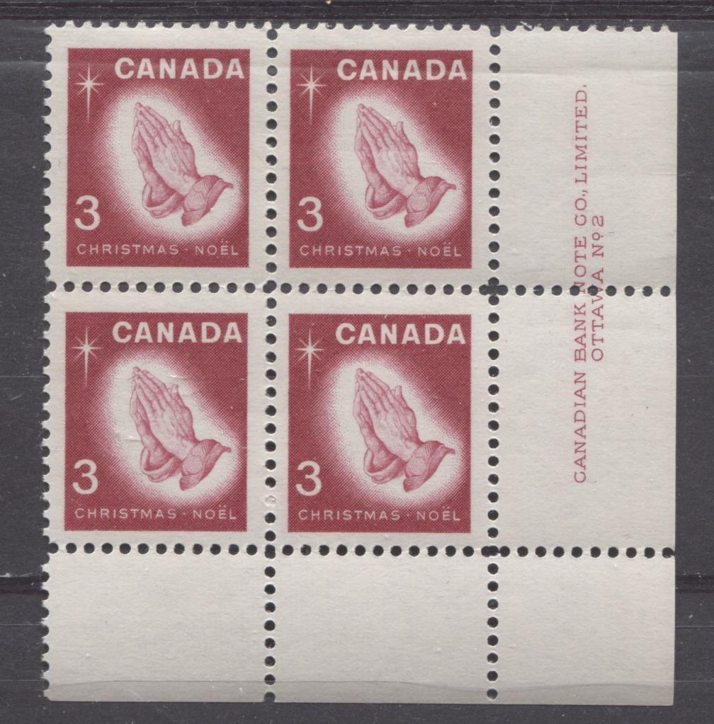 Canada #451 (SG#576) 3c Carmine Rose Praying Hands 1966 Chrstmas Issue Plate 2 LR On DF/DF-fl, LF, S Paper VF 75/80 NH Brixton Chrome 