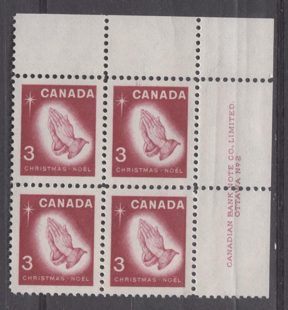 Canada #451 (SG#576) 3c Carmine Rose Praying Hands 1966 Chrstmas Issue Plate 2 UR On DF Paper VF 84 NH Brixton Chrome 