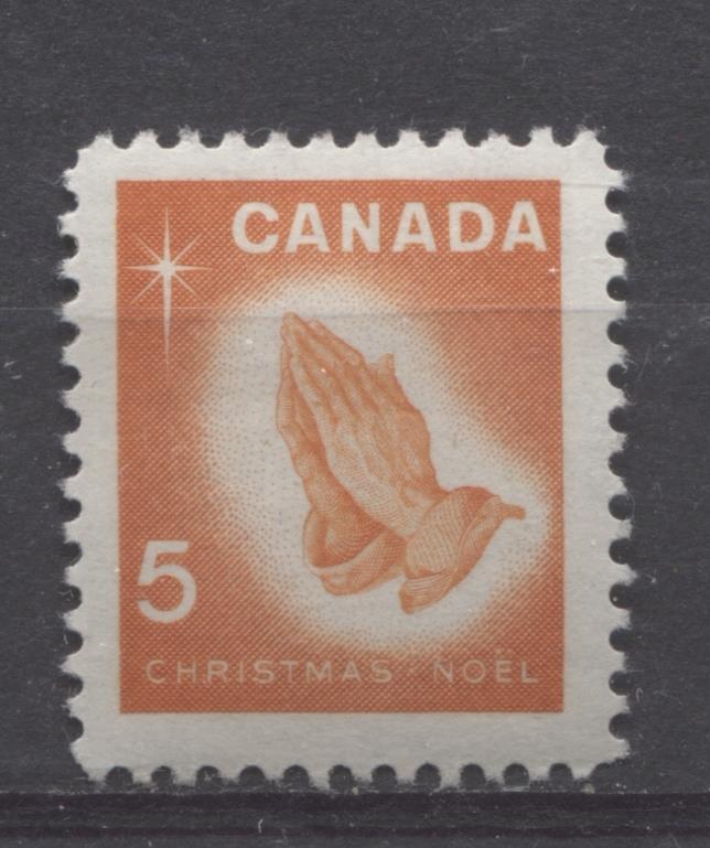 Canada #452 (SG#577) 5c Orange Praying Hands 1966 Chrstmas Issue DF Paper VF 75/80 NH Brixton Chrome 