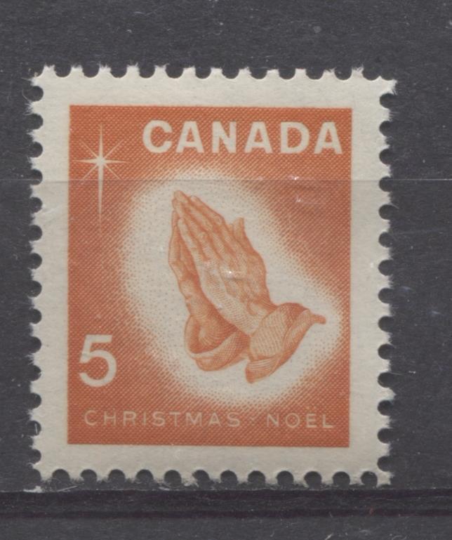 Canada #452 (SG#577) 5c Orange Praying Hands 1966 Chrstmas Issue DF/DF-fl, LF, S Paper VF 84 NH Brixton Chrome 