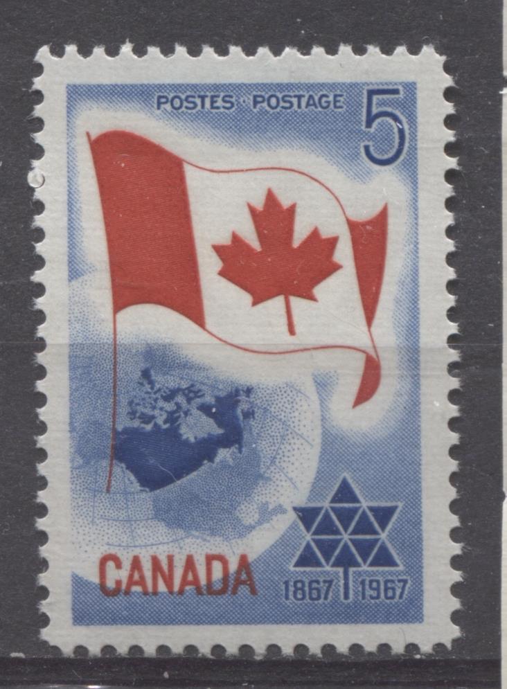 Canada #453 (SG#578) 5c Blue And Red 1967 Centennial of Confederation Issue DF Paper, Blob on S Variety VF 75/80 NH Brixton Chrome 