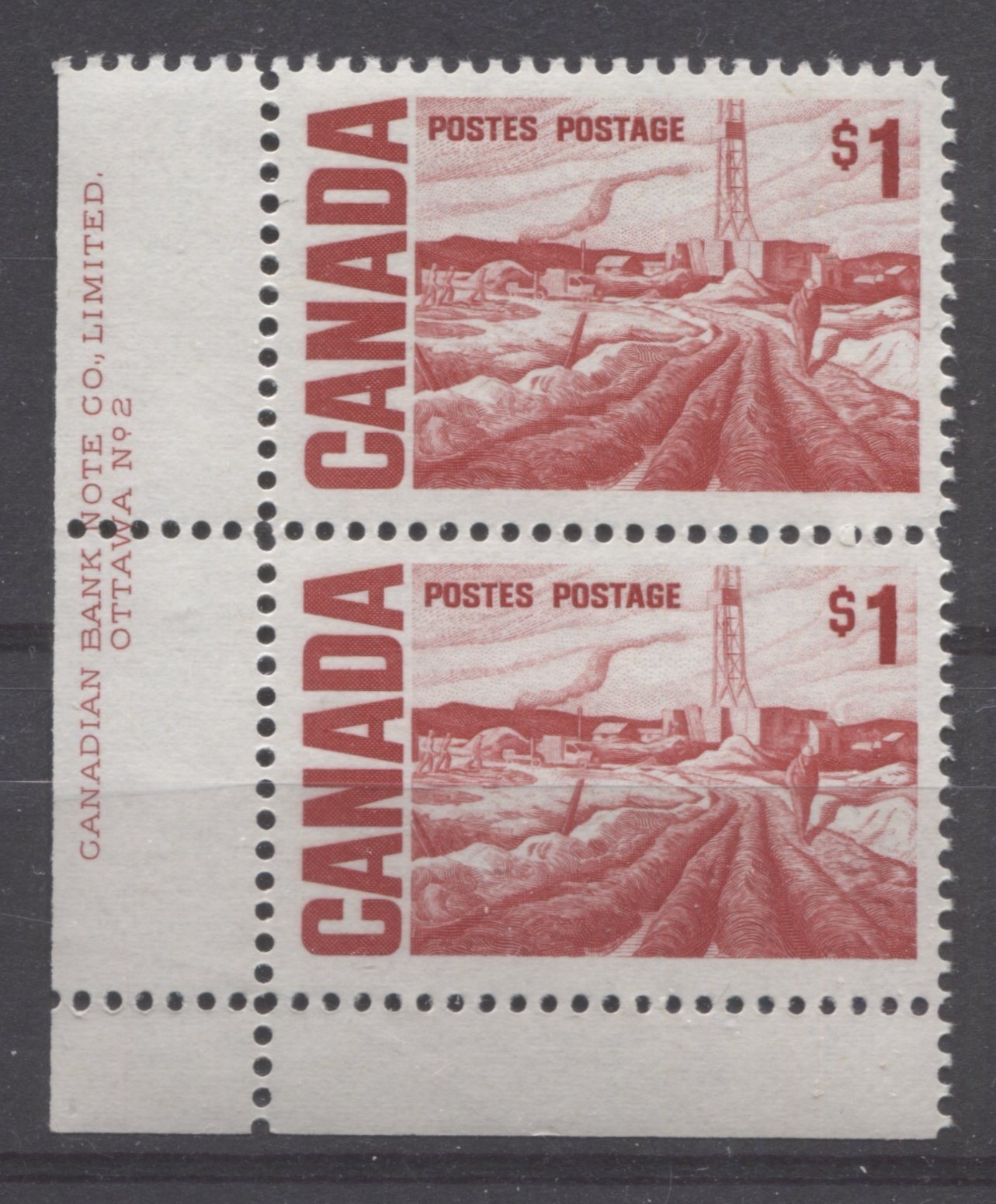 Canada #465Biv (SG#590c) $1 Scarlet Edmonton Oilfield 1967-1973 Centennial Issue LL Plate 2 Pair MF Paper VF-75 NH Brixton Chrome 