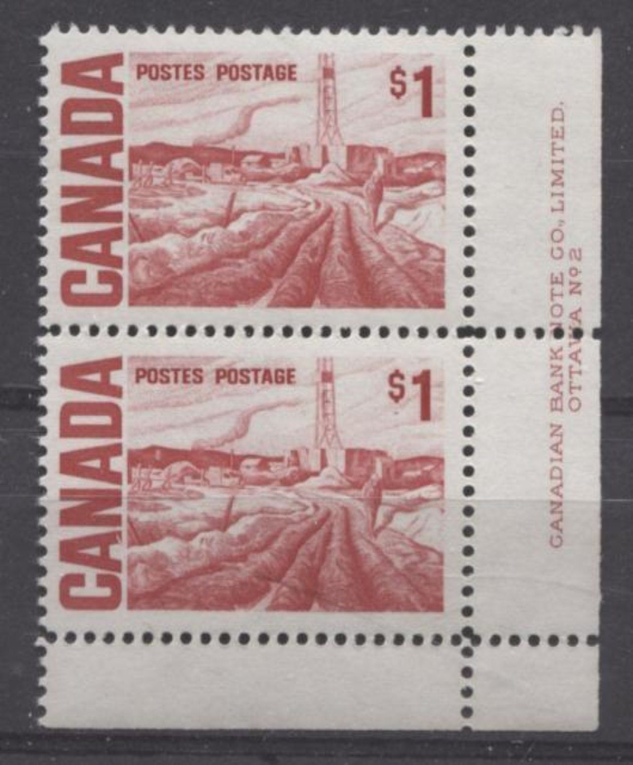 Canada #465Biv (SG#590c) $1 Scarlet Edmonton Oilfield 1967-1973 Centennial Issue LR Plate 2 Pair MF Paper VF-80 NH Brixton Chrome 