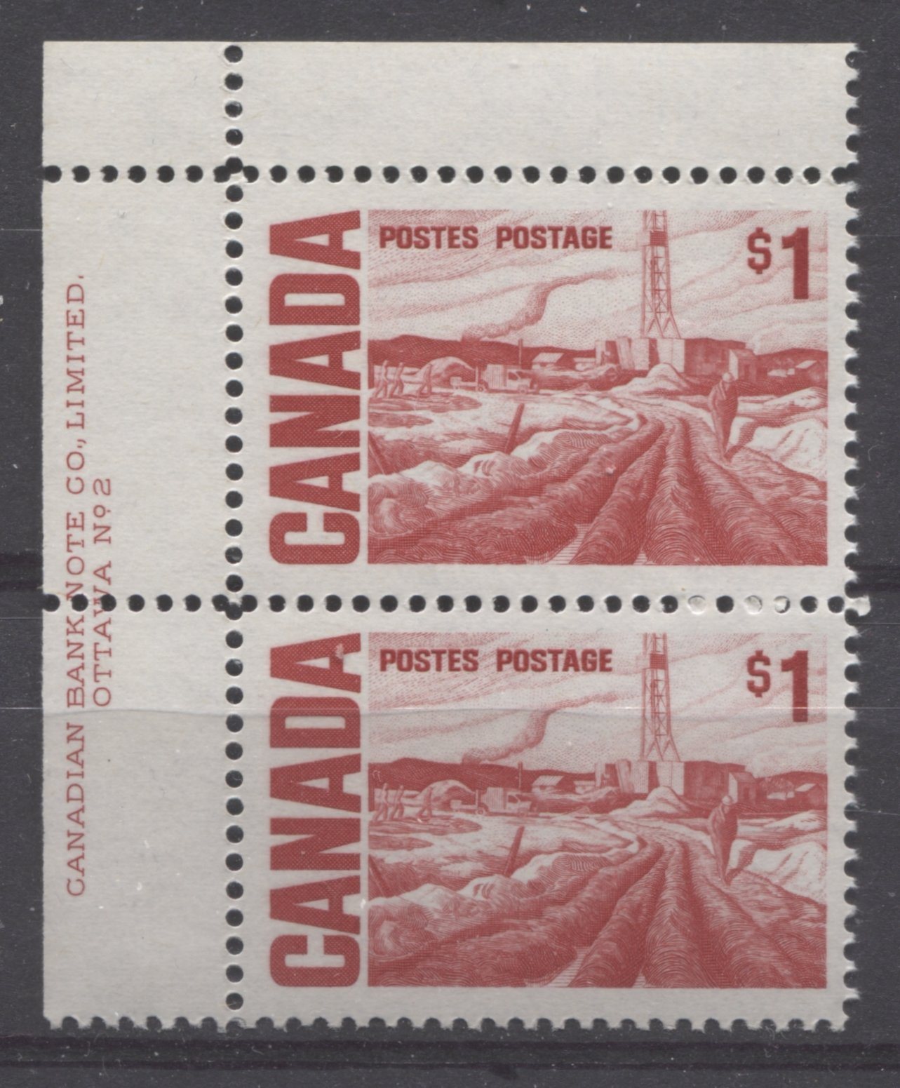 Canada #465Biv (SG#590c) $1 Scarlet Edmonton Oilfield 1967-1973 Centennial Issue UL Plate 2 Pair MF Paper VF-75 NH Brixton Chrome 