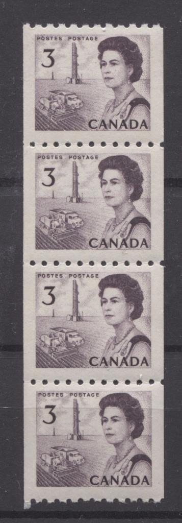 Canada #466 (SG#591) 3c Purple Centennial Coil Strip of 4 - Paper and Gum Type 2 VF-80 NH Brixton Chrome 