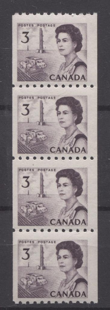 Canada #466 (SG#591) 3c Purple Centennial Coil Strip of 4 - Paper and Gum Type 3 F-70 NH Brixton Chrome 