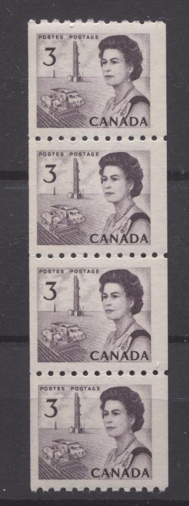 Canada #466 (SG#591) 3c Purple Centennial Coil Strip of 4 - Paper and Gum Type 3 VF-75 NH Brixton Chrome 