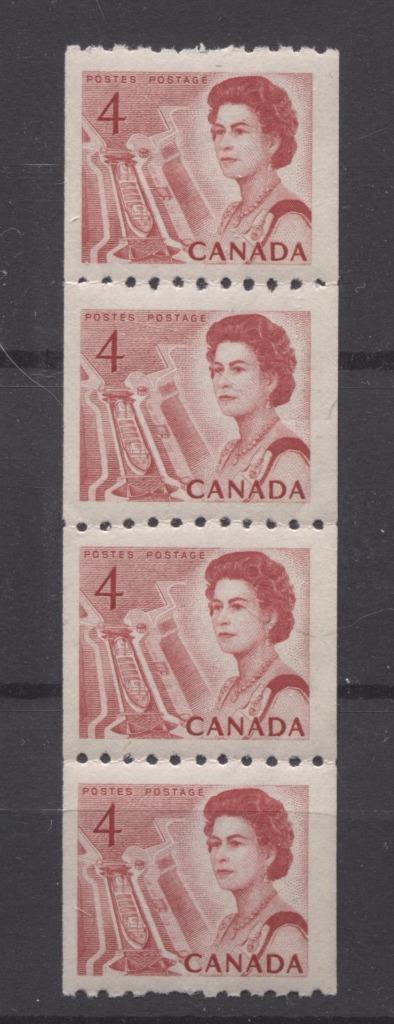 Canada #467 (SG#592) 4c Centennial Coil Strip of 4 - Paper and Gum Type 2 F-71 NH Brixton Chrome 