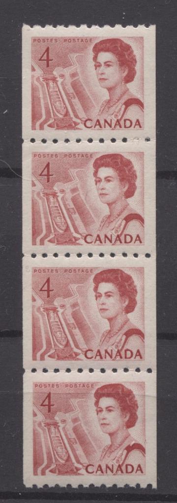 Canada #467 (SG#592) 4c Centennial Coil Strip of 4 - Paper and Gum Type 2 VF-84 NH Brixton Chrome 