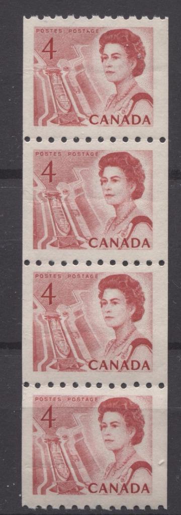 Canada #467i (SG#592) 4c Centennial Coil Strip of 4 -LF Paper and Gum Type 2 F-70 NH Brixton Chrome 