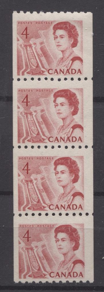 Canada #467i (SG#592) 4c Centennial Coil Strip of 4 - LF Paper and Gum Type 2 F-70 NH Brixton Chrome 