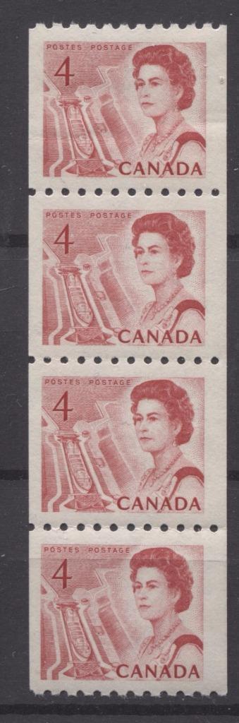 Canada #467i (SG#592) 4c Centennial Coil Strip of 4 - LF Paper and Gum Type 2 VF-75 NH Brixton Chrome 
