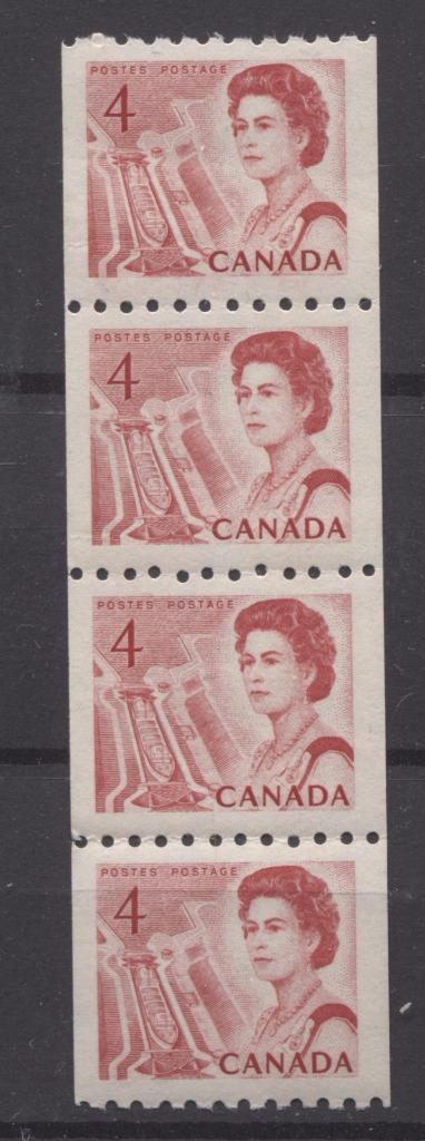 Canada #467i (SG#592) 4c Centennial Coil Strip of 4 - LF Paper and Gum Type 2 VF-80 NH Brixton Chrome 