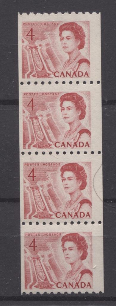 Canada #467i (SG#592) 4c Centennial Coil Strip of 4 - LF Paper and Gum Type 3 F-65 NH Brixton Chrome 