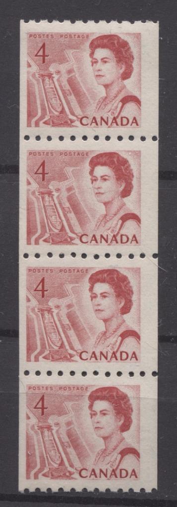 Canada #467i (SG#592) 4c Centennial Coil Strip of 4 - Mis-Aligned Perforations VF-75 NH Brixton Chrome 