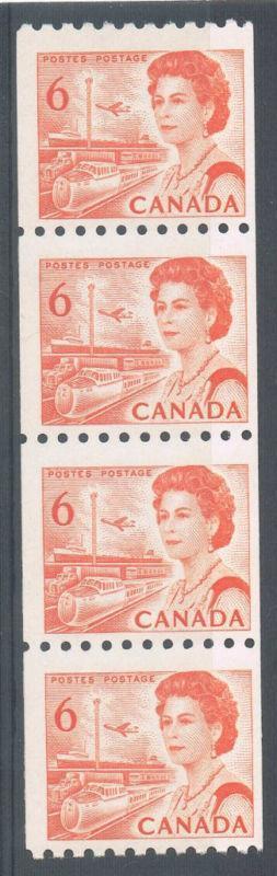 Canada #468 (SG#593)A (SG#594) 6c Orange 1967-73 Centennial Issue Coil Strip of 4 DF Paper F-70 NH Brixton Chrome 