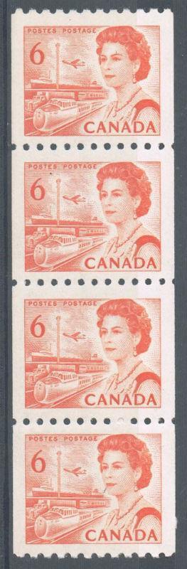 Canada #468A (SG#594) 6c Orange 1967-1973 Centennial Issue Coil Strip of 4 DF Paper VF-84 NH Brixton Chrome 