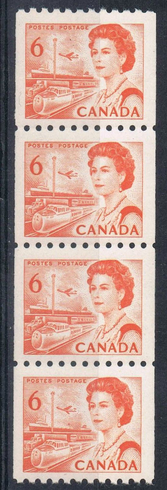 Canada #468A (SG#594) 6c Orange 1967-73 Centennial Issue Coil Strip of 4 DF Paper VF-75 NH Brixton Chrome 
