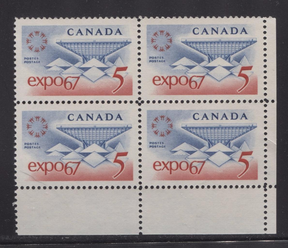 Canada #469 (SG#611) 5c Blue and Red Expo 67 DF-fl BW, LF, VF Ribbed Paper LR Block VF-84 NH Brixton Chrome 