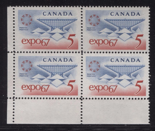 Canada #469 (SG#611) 5c Blue and Red Expo 67 DF-fl GW, LF, VF Paper Smooth Gum LL Block VF-80 NH Brixton Chrome 