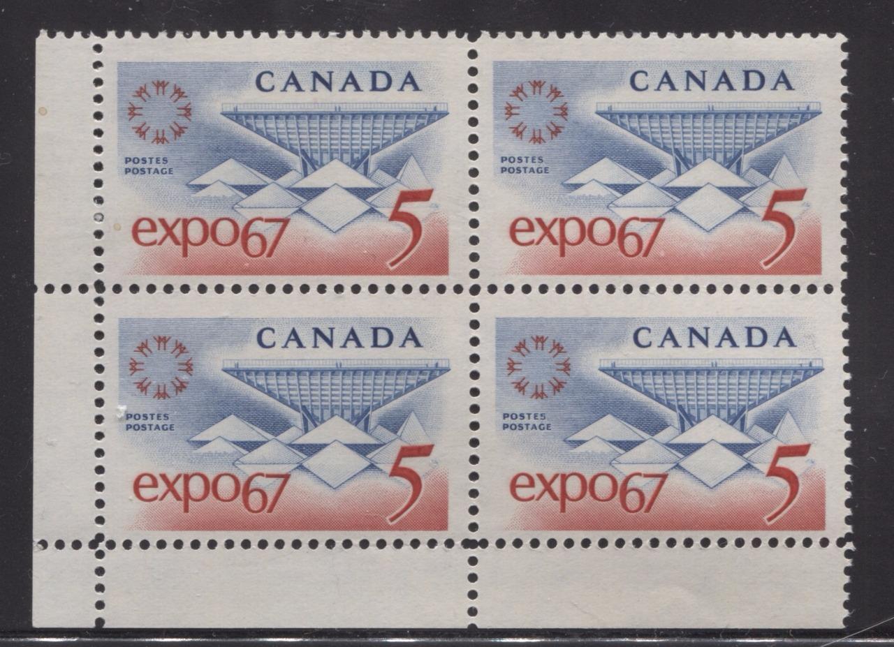 Canada #469 (SG#611) 5c Blue and Red Expo 67 DF-fl GW, LF, VF Paper, Streaky Gum LL Block F-70 NH Brixton Chrome 