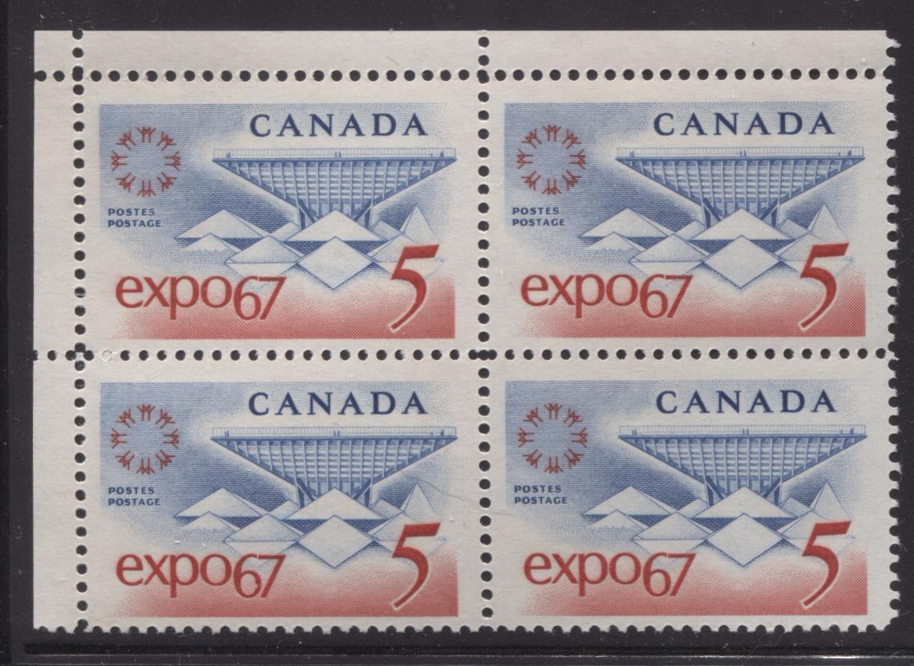 Canada #469 (SG#611) 5c Blue and Red Expo 67 DF-fl GW, LF, VF Paper Streaky Gum UL Block F-70 NH Brixton Chrome 