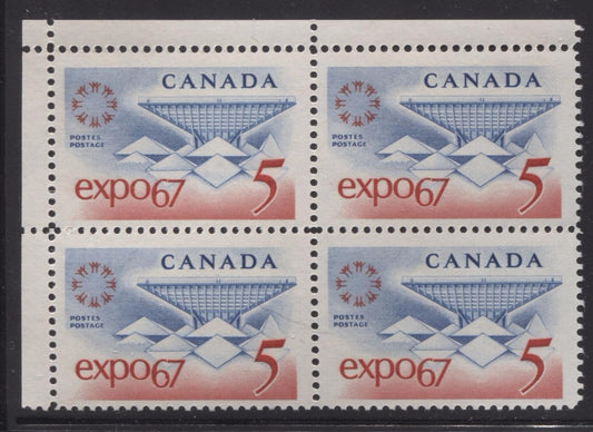 Canada #469 (SG#611) 5c Blue and Red Expo 67 DF-fl GW, LF, VF Paper Streaky Gum UL Block F-70 NH Brixton Chrome 