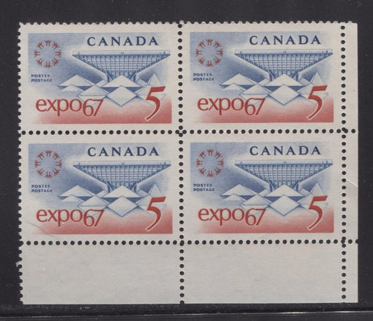 Canada #469 (SG#611) 5c Blue and Red Expo 67 DF-fl GW, LF, VF Ribbed Paper LR Block VF-80 NH Brixton Chrome 