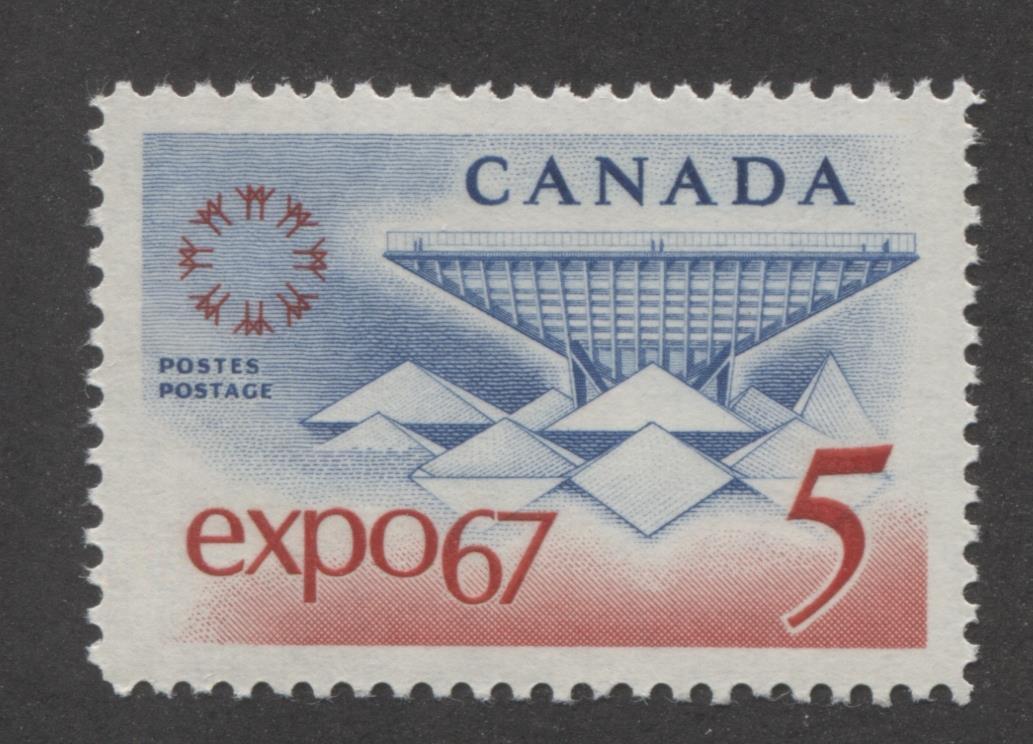 Canada #469 (SG#611) 5c Blue and Red Expo 67 DF-fl IV, LF, 1-2 Fibres Paper, Ribbed Streaky Gum VF-84 NH Brixton Chrome 