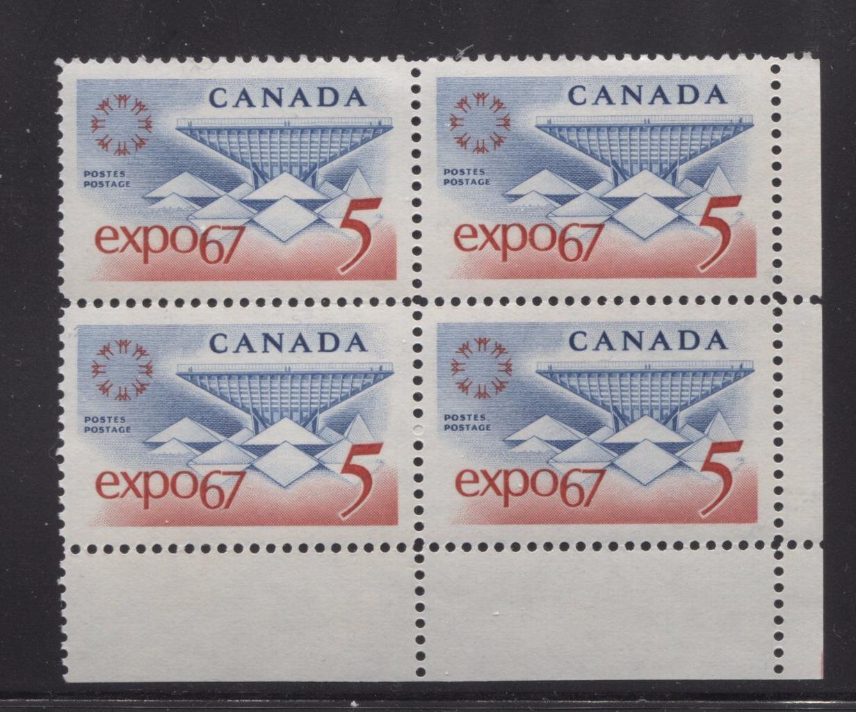 Canada #469 (SG#611) 5c Blue and Red Expo 67 DF-fl IV, LF, 1-2 Fibres Ribbed Paper LR Block VF-80 NH Brixton Chrome 