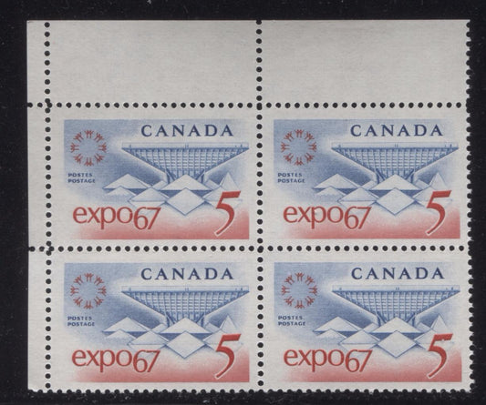 Canada #469 (SG#611) 5c Blue and Red Expo 67 DF-fl IV, LF Paper, Streaky Gum UL Block VF-75 NH Brixton Chrome 