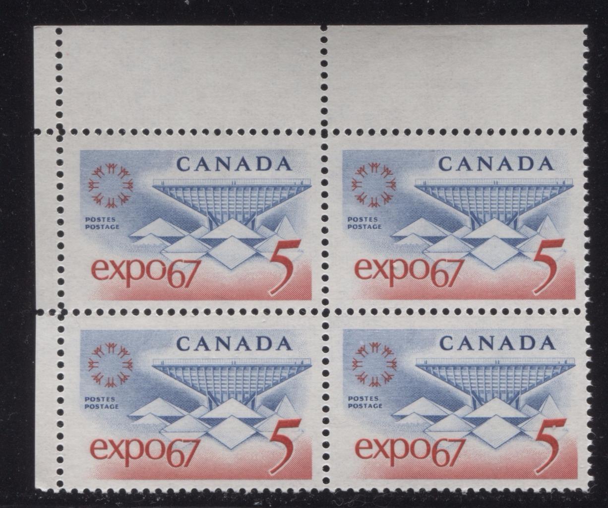 Canada #469 (SG#611) 5c Blue and Red Expo 67 LF-fl IV, LF, 1-2 Fibres Paper, Streaky Gum UL Block VF-75 NH Brixton Chrome 