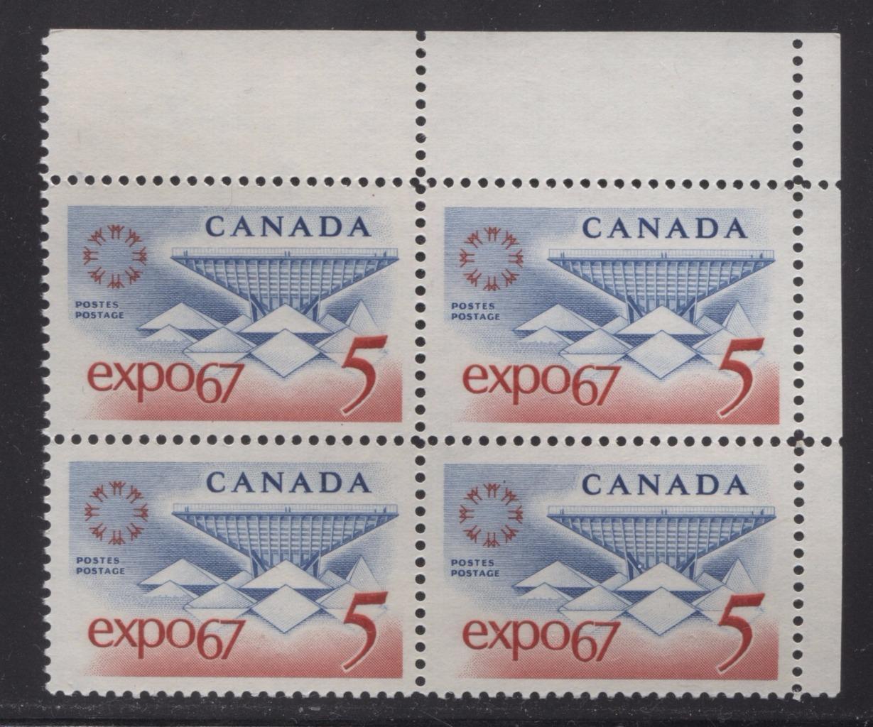 Canada #469 (SG#611) 5c Blue and Red Expo 67 LF-fl IV, LF, 1-2 Fibres Paper, Streaky Gum UR Block VF-80 NH Brixton Chrome 