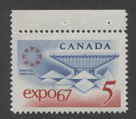 Canada #469 (SG#611) 5c Blue and Red Expo 67 Unlisted DF-fl BW, LF, S Ribbed Paper VF-80 NH Brixton Chrome 