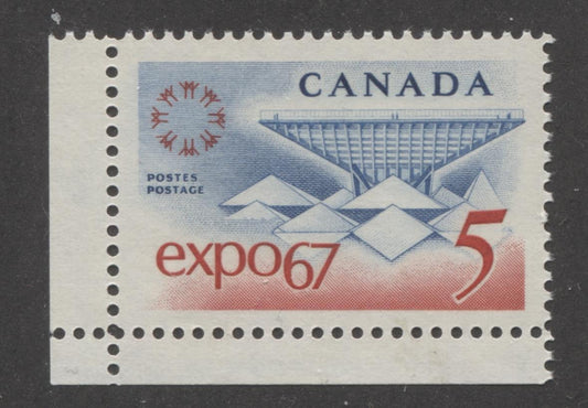 Canada #469 (SG#611) 5c Blue and Red Expo 67 Unlisted DF-fl IV, LF, 1-2 Fibres, Ribbed Paper VF-82 NH Brixton Chrome 