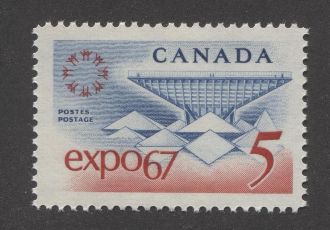 Canada #469 (SG#611) 5c Blue and Red Expo 67 Unlisted LF-fl IV, LF 1-2 Fibres Paper, Ribbed VF-75 NH Brixton Chrome 