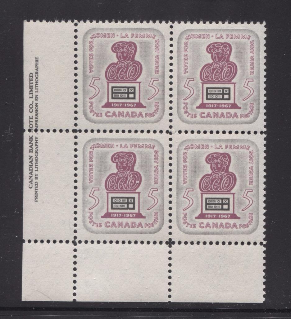 Canada #470 (SG#612) 5c Grey and Deep Rose Lilac Suffrage LL Block DFGW Paper, Streaky Gum VF-80 NH Brixton Chrome 