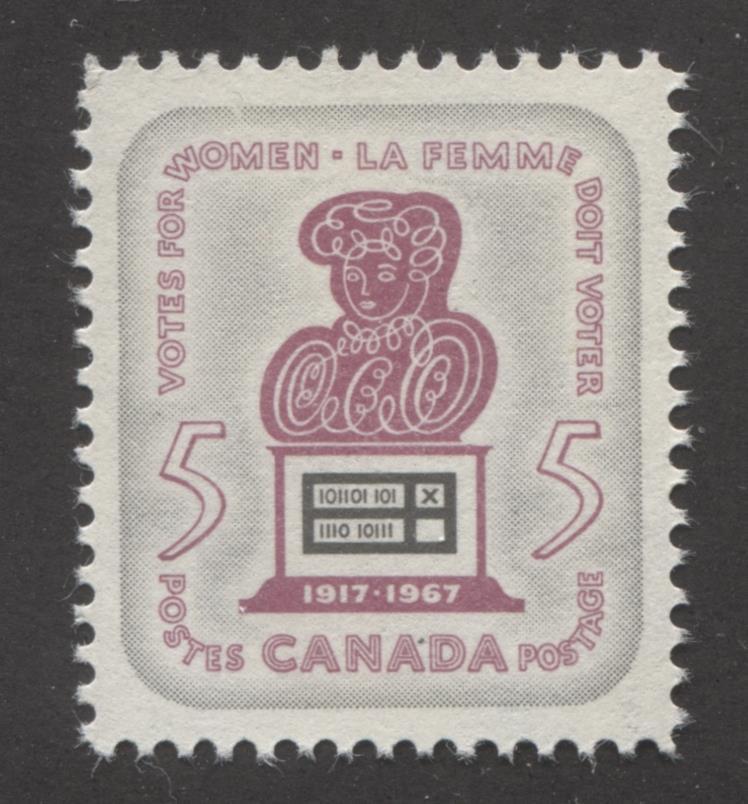 Canada #470 (SG#612) 5c Grey and Rose Lilac Women's Suffrage DFLV Ribbed Paper, Streaky Gum VF-84 NH Brixton Chrome 
