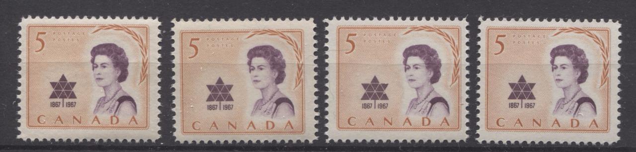 Canada #471 (SG#613) 5c 1967 Royal Visit - 4 Different Papers and Gums - Group F-70 NH Brixton Chrome 